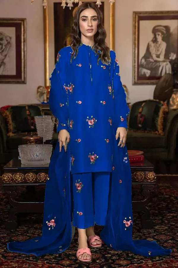 DF-1736-C: Bonanza 3Pc Embroidered Shamooz Silk Dress