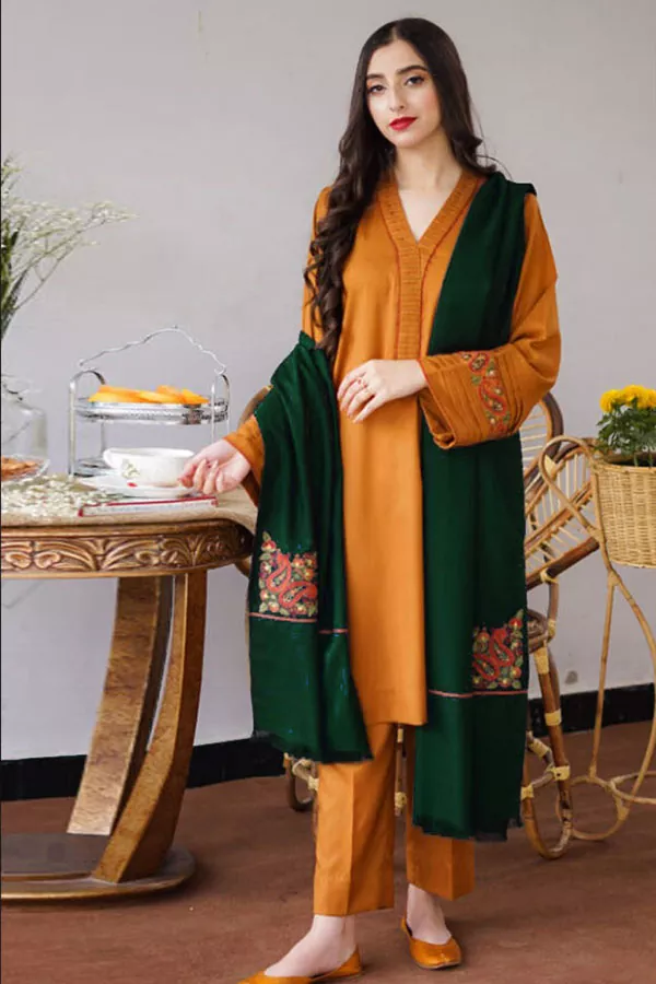 DF-1648: A Sling 3Pc Embroidered Dhanak Dress