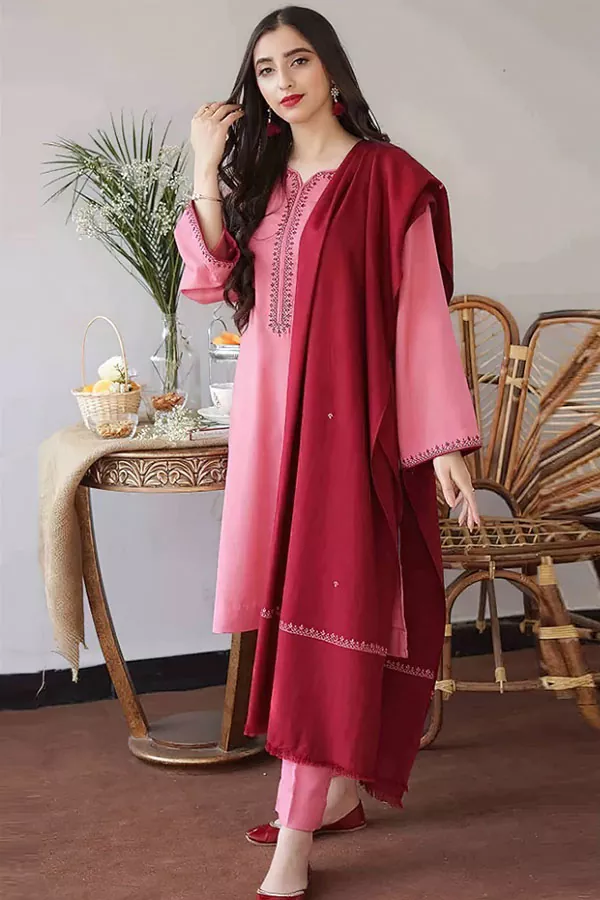 DF-1722: A Sling 3Pc Embroidered Dhanak Dress