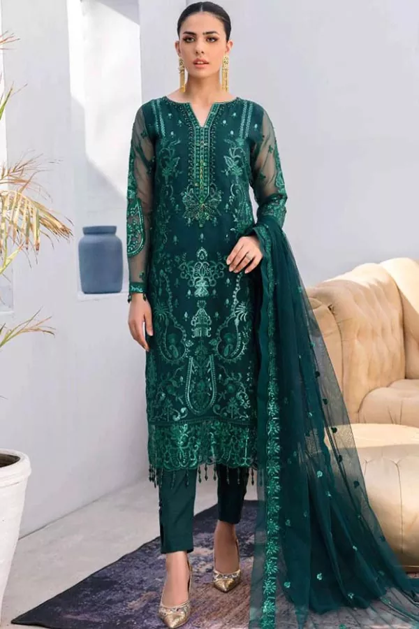 DF-1719: Emaan Adeel 3Pc Embroidered Net Dress