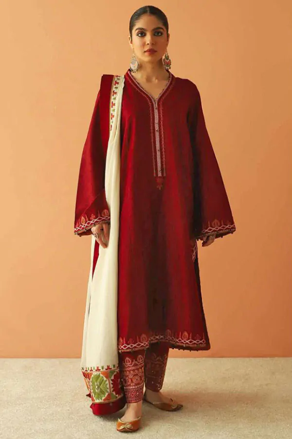 DF-1834: Zara Shahjahan 3Pc Embroidered Dhanak Dress