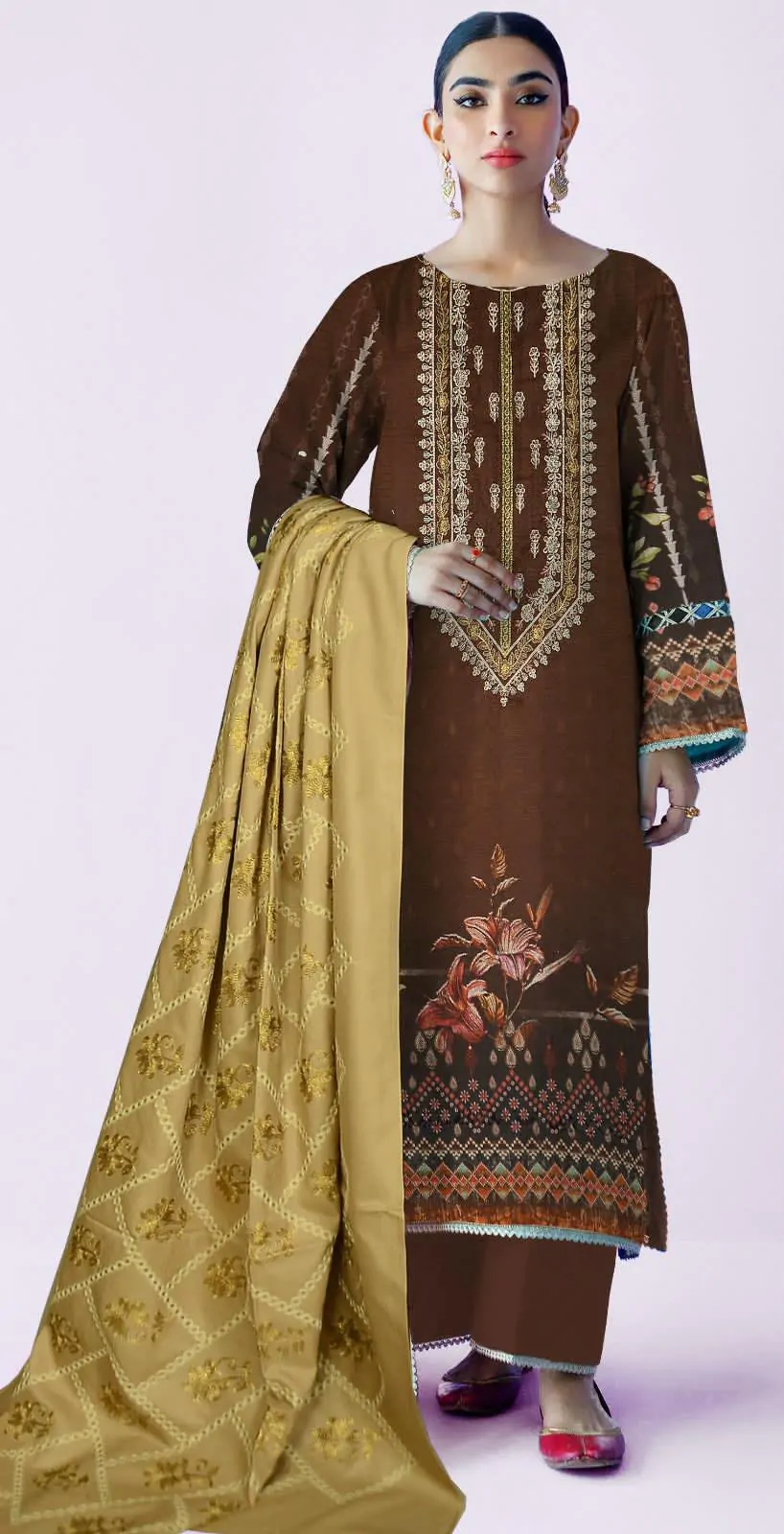 DF-214-E: Bonanza 3Pc Embroidered Dhanak Dress