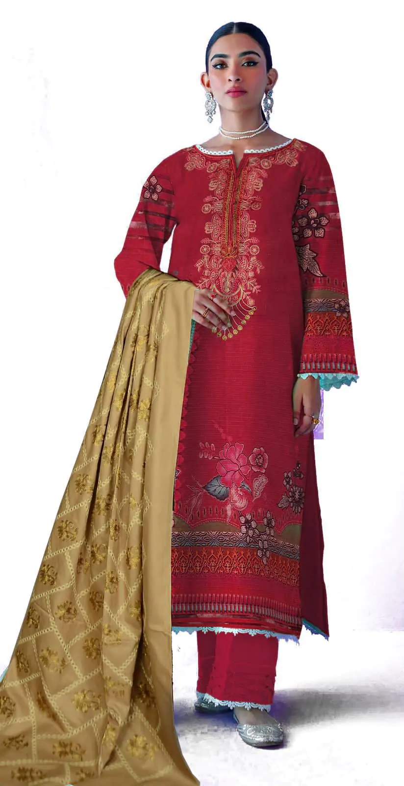 DF-214-F: Bonanza 3Pc Embroidered Dhanak Dress
