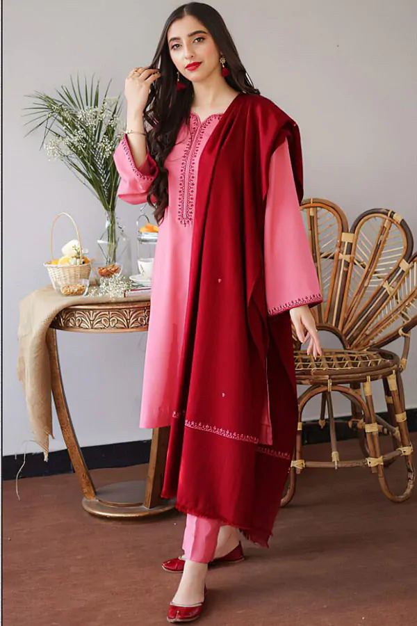 DF-1843: A Sling 3Pc Embroidered Dhanak Dress