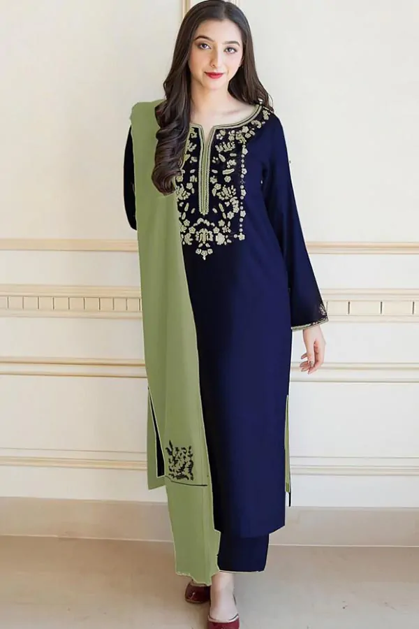 DF-1844-B: A Sling 3Pc Embroidered Dhanak Dress