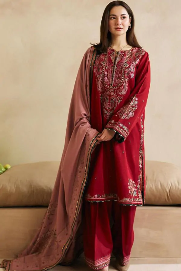 DF-1842: Zara Shahjahan 3Pc Embroidered Dhanak Dress