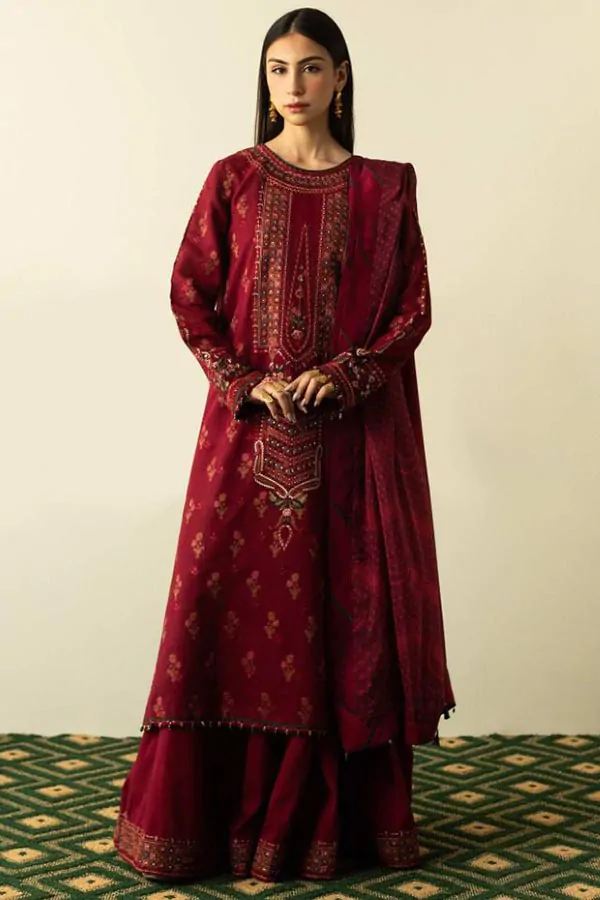 DF-1841: Zara Shahjahan 3Pc Embroidered Khaddar Dress